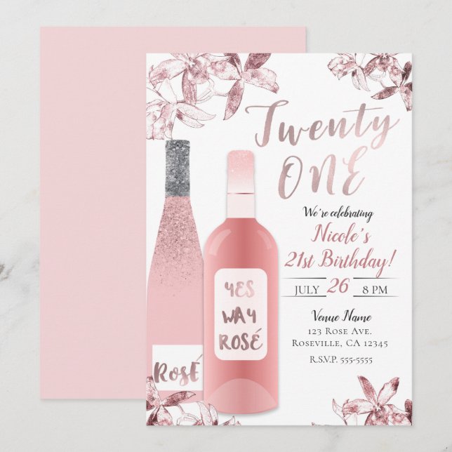 Pink Rosè Wine & Orchid Flowers Twenty One 21st 21 Invitation (Front/Back)