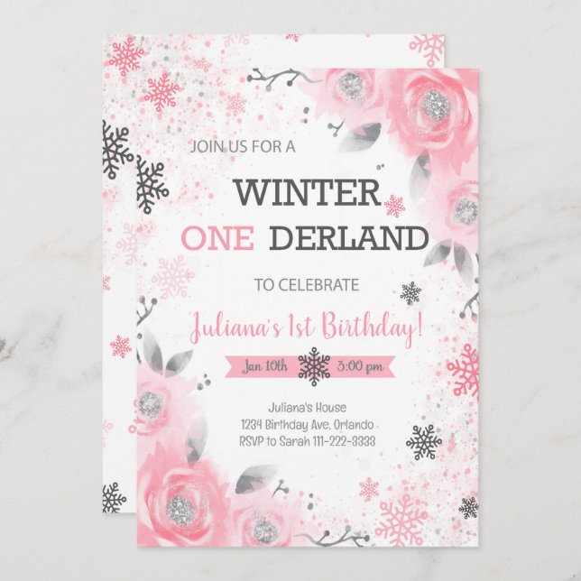 Pink Rose Winter Wonderland 1st Birthday Invite (Front/Back)