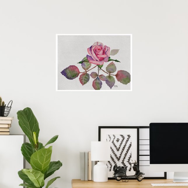 Pink Rose with Abstract Leaves Watercolor Poster (Home Office)