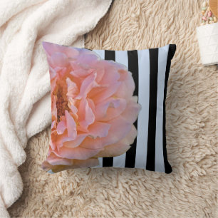 Pink Rose With Black & Blue Vertical Stripes 2 Cushion