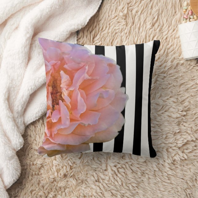 Pink Rose With Black & White Vertical Stripes 2 Cushion (Blanket)
