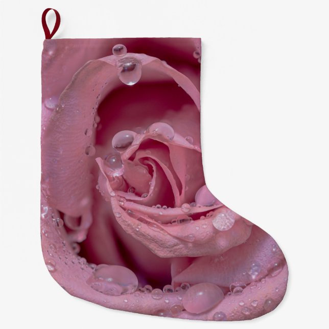 Pink Rose with Dewdrops Large Christmas Stocking (Front)