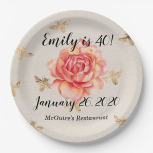 Pink Rose with Golden Bees Background Paper Plate