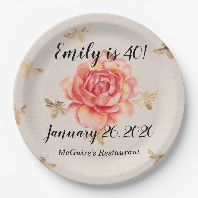 Pink Rose with Golden Bees Background Paper Plate (Front)