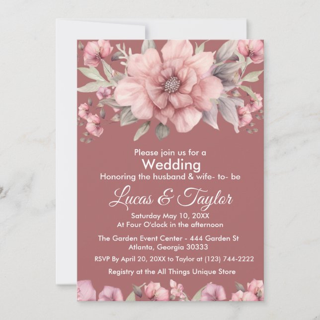 Pink Rose with Greenery Wedding Invitation (Front)