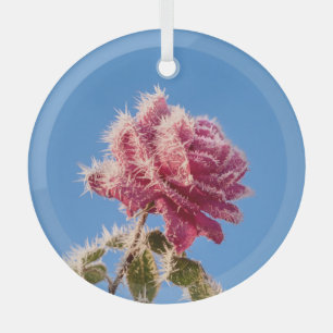 Pink Rose with Icy Frost in a Cold Winter Nature - Glass Tree Decoration