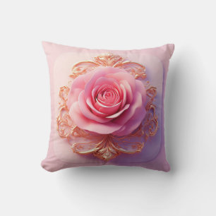Pink Rose With Intricate Gold Ornamental Details Cushion