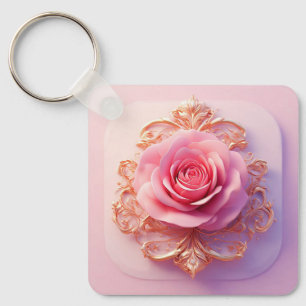Pink Rose With Intricate Gold Ornamental Details Key Ring