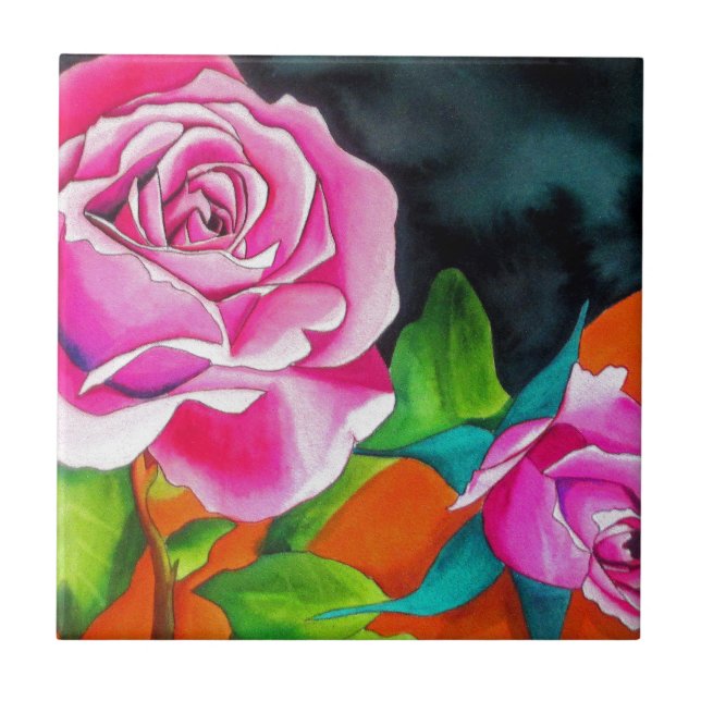 Pink Rose with orange watercolor art Ceramic Tile (Front)