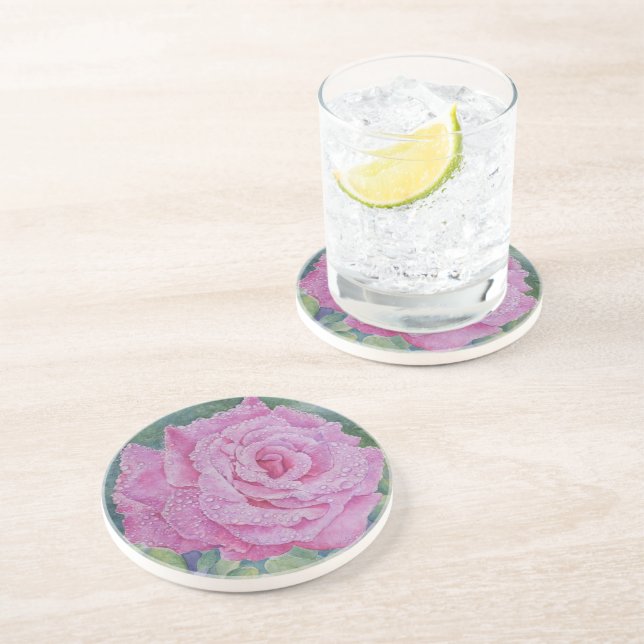 Pink Rose with Raindrops  Coaster (Side)