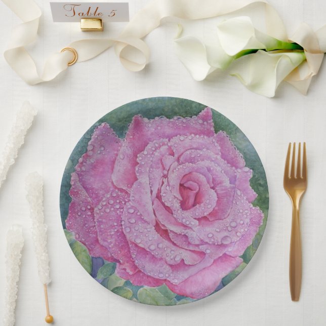 Pink Rose with Raindrops  Paper Plate (Wedding)