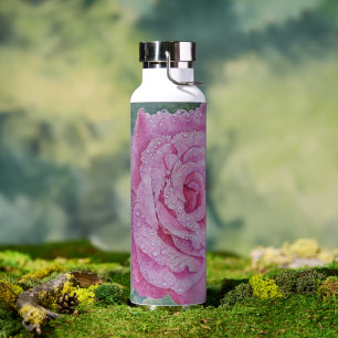 Pink Rose with Raindrops Water Bottle