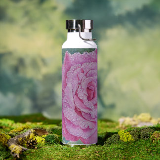 Pink Rose with Raindrops Water Bottle