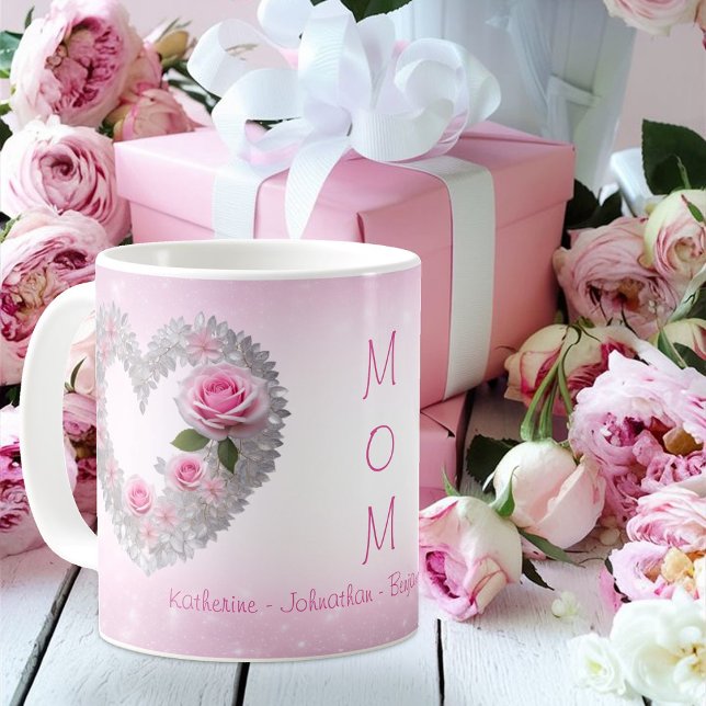 Pink Rose with Silver Leaf Heart Mum's Coffee Mug (Creator Uploaded)
