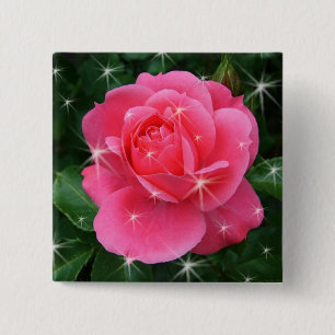 Pink rose with stars 15 cm square badge