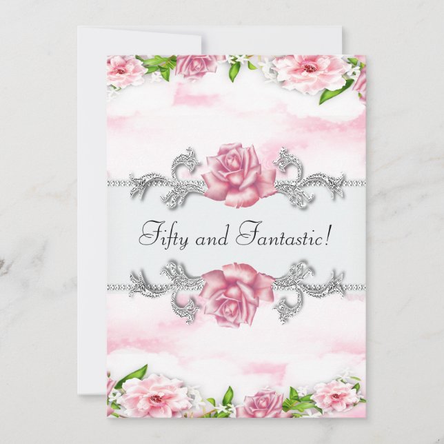 Pink Rose Womans 50th Birthday Party Invitation (Front)