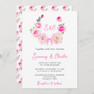 Pink Rose Wreath Coquette Bow Wedding Invitation
