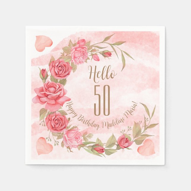Pink Rose Wreath Personalised Birthday Party Event Napkin (Front)