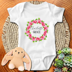 Pink Rose Wreath Personalised Name Baby Bodysuit