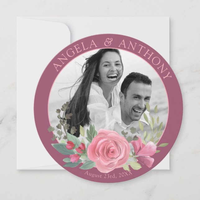 Pink Rose Wreath Photo Wedding Save the Date (Front)