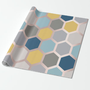 Pink Rose Yellow Blue Geometry Honeycomb Hexagon Wrapping Paper