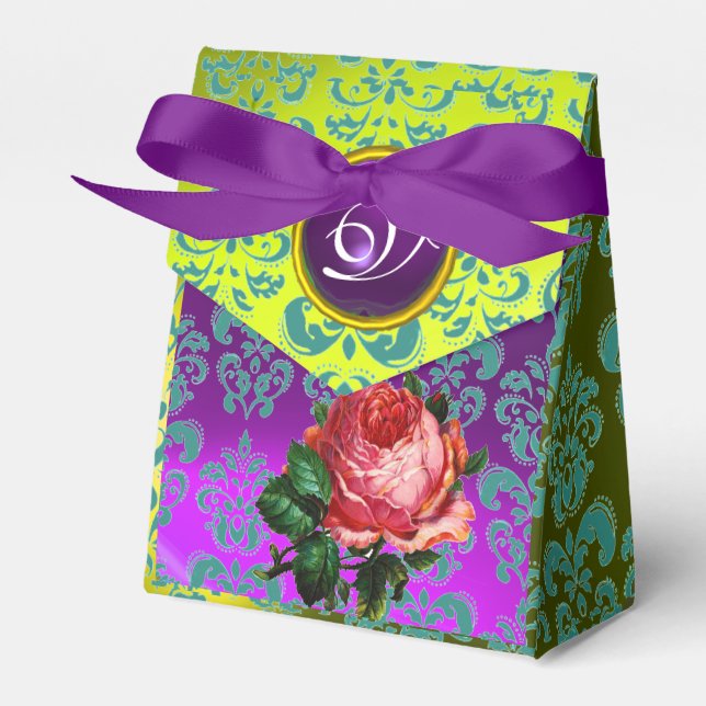 PINK ROSE ,YELLOW TEAL DAMASK, PURPLE GEM MONOGRAM FAVOUR BOX (Front Side)