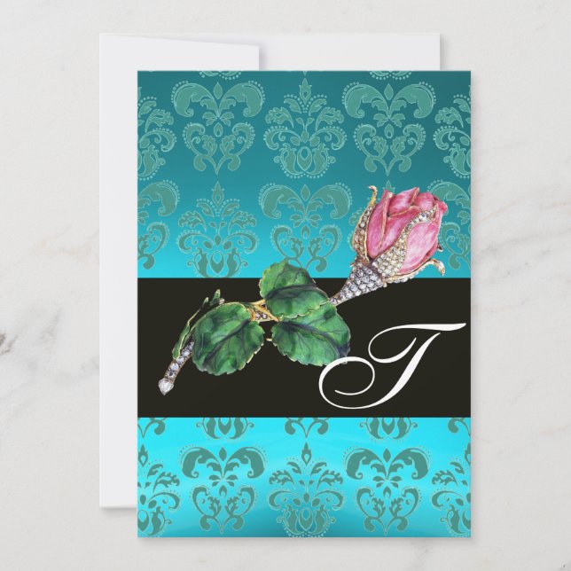 PINK ROSEBUD DIAMOND JEWEL , BLUE DAMASK MONOGRAM INVITATION (Front)