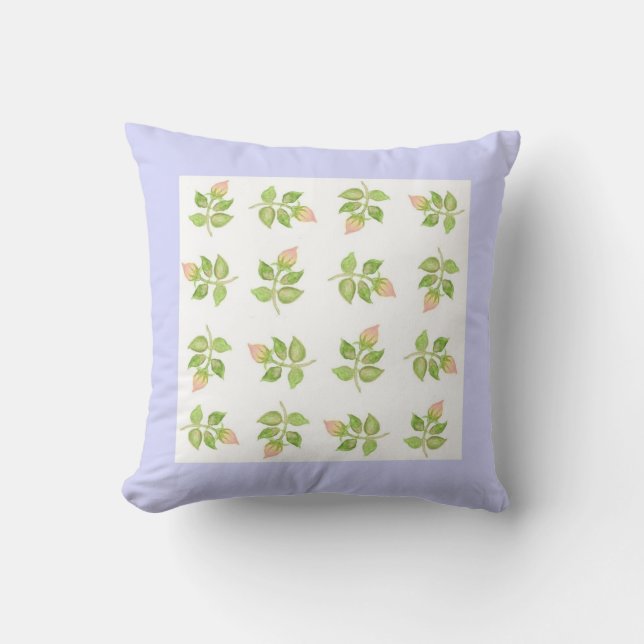 Pink Rosebud Floral Pattern on White, Blue Border Cushion (Front)