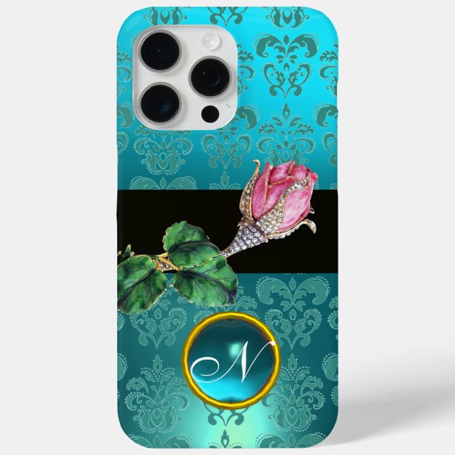 PINK ROSEBUD JEWEL, BLUE TEAL DAMASK GEM MONOGRAM Case-Mate iPhone CASE (Back)