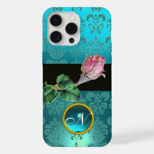 PINK ROSEBUD JEWEL, BLUE TEAL DAMASK GEM MONOGRAM iPhone CASE