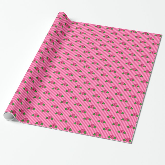 Pink Rosebud on Light Pink Stripes GIFT WRAP (Unrolled)