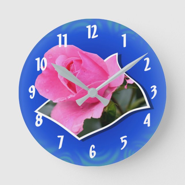 Pink Rosebud Out Of Bounds Flower Art Round Clock (Front)