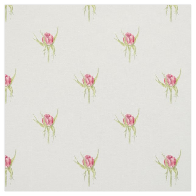 Pink Rosebud Tea Rose Flower Drawing White Fabric (Swatch)
