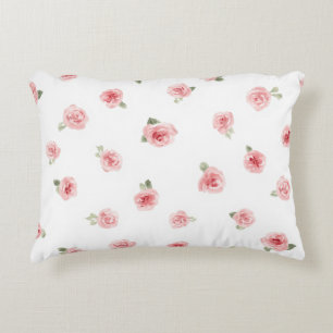 Pink Rosebud Watercolor Floral Vintage Rose White Decorative Cushion