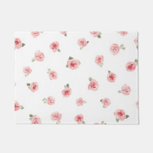 Pink Rosebud Watercolor Floral Vintage Rose White Doormat