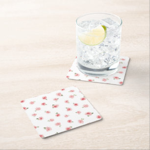 Pink Rosebud Watercolor Floral Vintage Rose White Square Paper Coaster