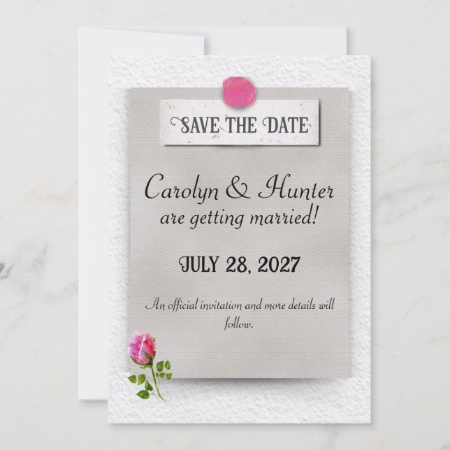 Pink Rosebud Wedding Announcement Save the Date (Front)