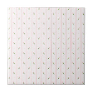 Pink Rosebuds and Stripes Ceramic Tile