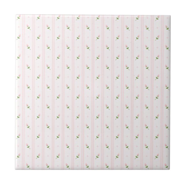 Pink Rosebuds and Stripes Ceramic Tile (Front)