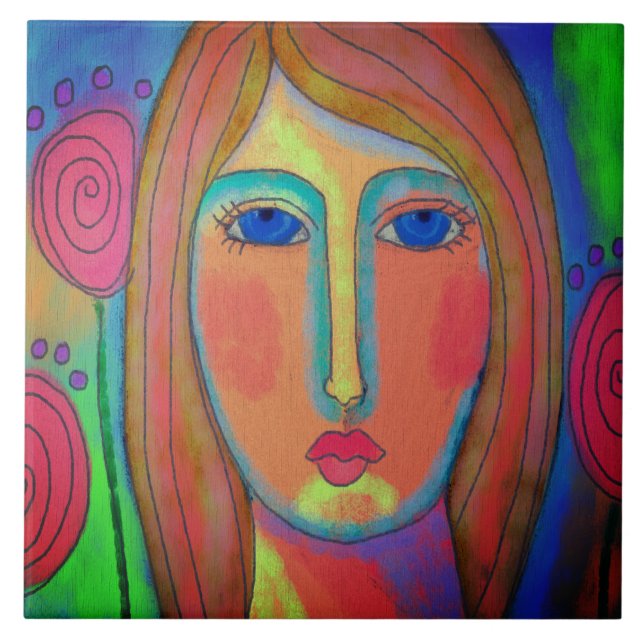 Pink Roses Abstract Digital Painting Ceramic Tile (Front)