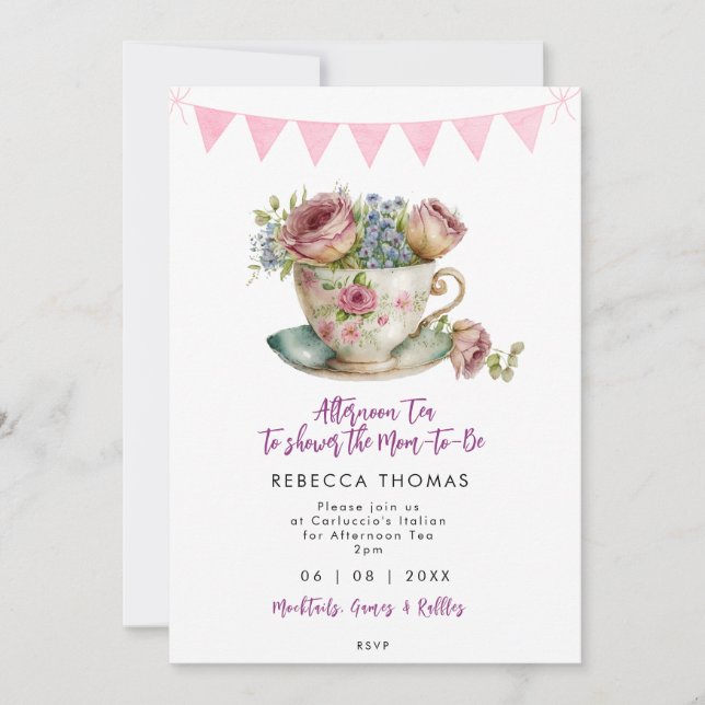 pink roses afternoon tea party baby shower invitation (Front)