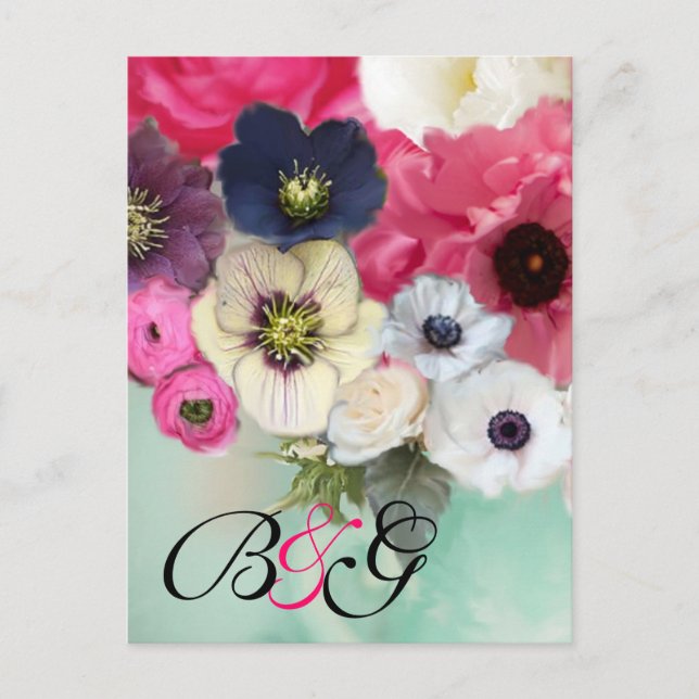 PINK ROSES AND ANEMONE FLOWERS MONOGRAM Save Date Announcement Postcard (Front)