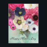 PINK ROSES AND ANEMONE FLOWERS MOTHER'S DAY POSTCARD<br><div class="desc">Elegant monogram design with white pink roses and purple blue anemones on aqua blue teal background with damask motifs, . This classy , unique design is perfect as a wedding announcement , place cards, save-the-date , thank you cards, bridal showers, sweet 16 birthdays, parties, engagement showers, or just about any...</div>