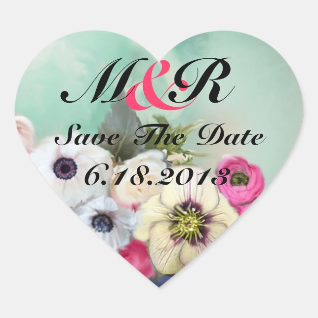 PINK ROSES AND ANEMONE FLOWERS Save the date Heart Sticker (Front)