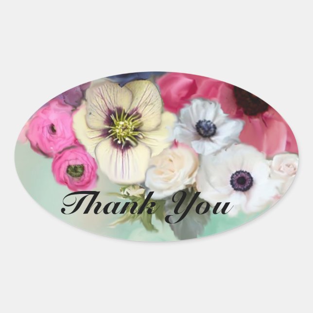 PINK ROSES AND ANEMONE FLOWERS Thank you Oval Sticker (Front)