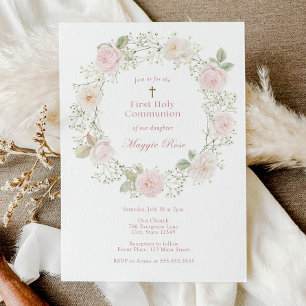 Pink Roses and Baby Breath First Holy Communion Invitation