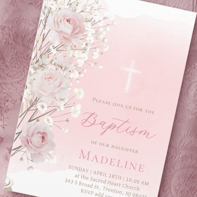 pink roses and baby's breath | Baptism baby girl  Invitation (Creator Uploaded)