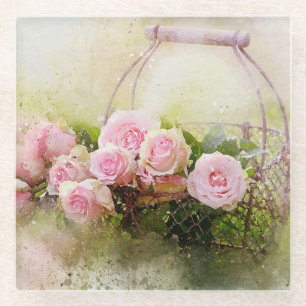 Pink Roses and Basket Glass Coaster