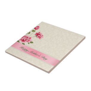 Pink Roses And Beige Damask- Happy Mothers's Day Ceramic Tile