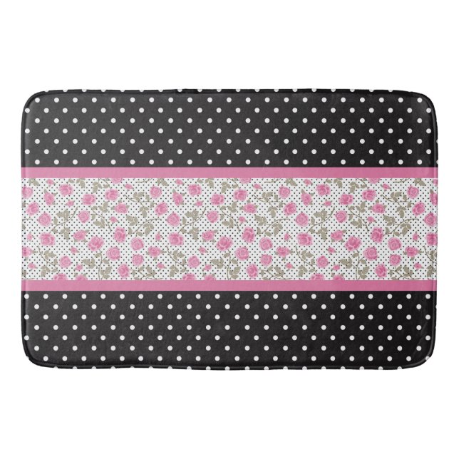 Pink Roses And Black And White Polka Dots Bath Mat (Front)